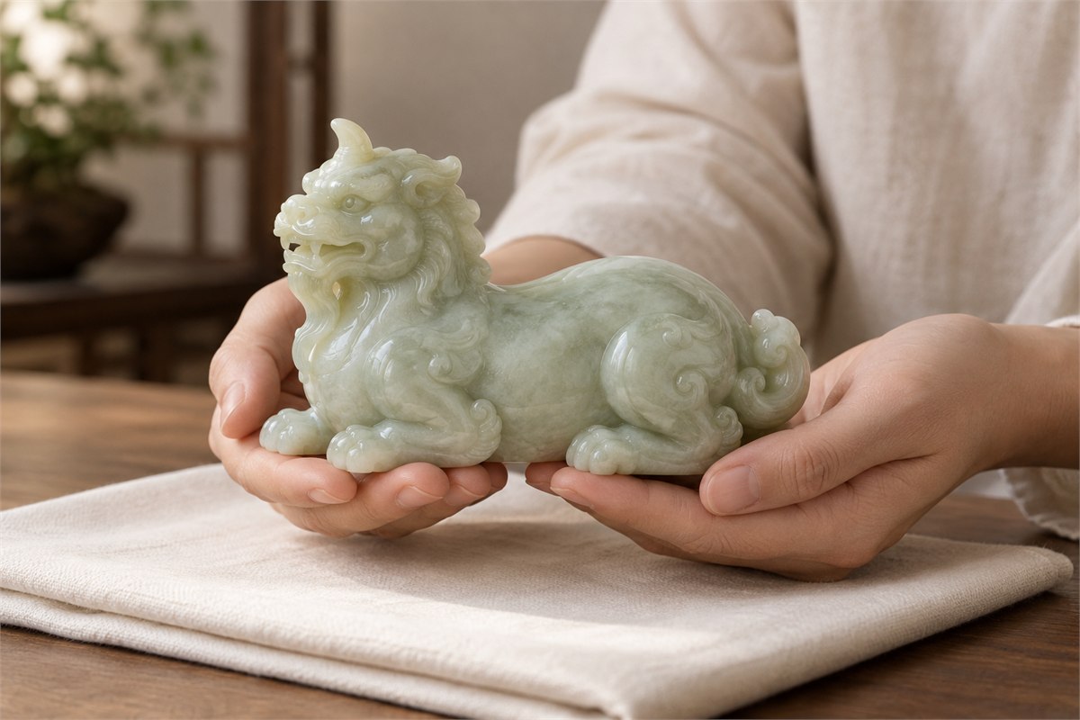 Two hands support a jade Xiezhi beneath its body above a soft cloth.