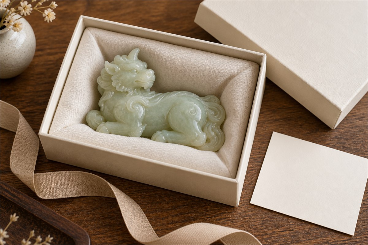 A jade Xiezhi nestled in an ivory gift box beside a blank card.