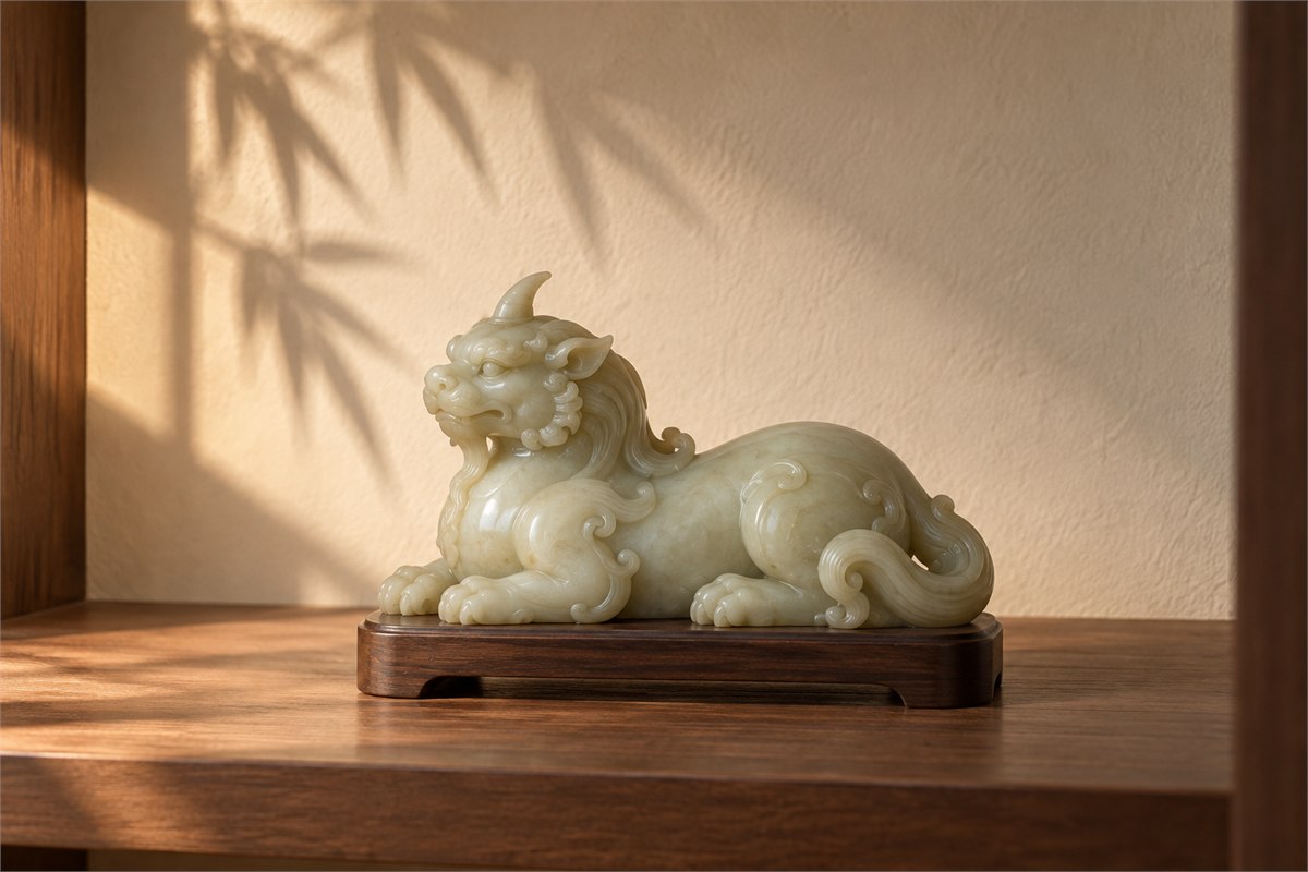 A jade Xiezhi resting on a low wooden base in gentle evening light.