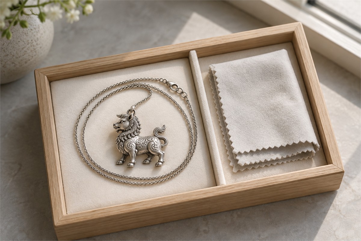 A beast pendant lies in its own padded compartment beside a soft cloth.