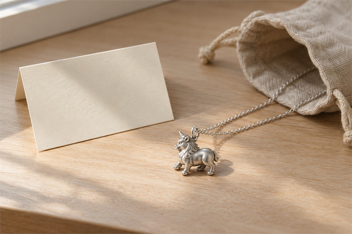 A small guardian pendant rests beside a simple folded card and a linen pouch.