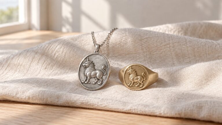 A silver-colored beast pendant and a gold-colored signet ring rest together on warm neutral fabric.