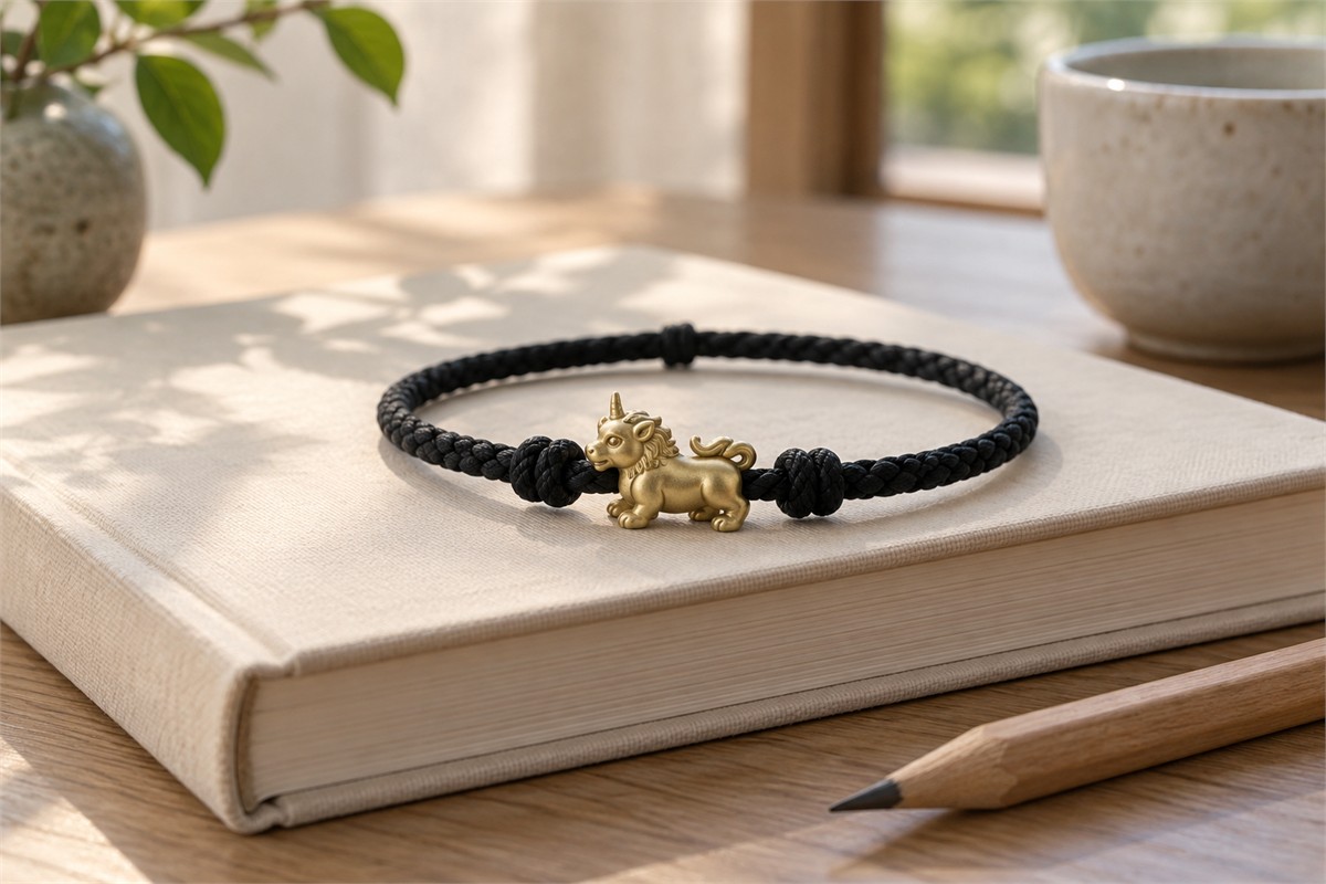 A small Xiezhi charm on dark cord lies across the cover of a closed book.
