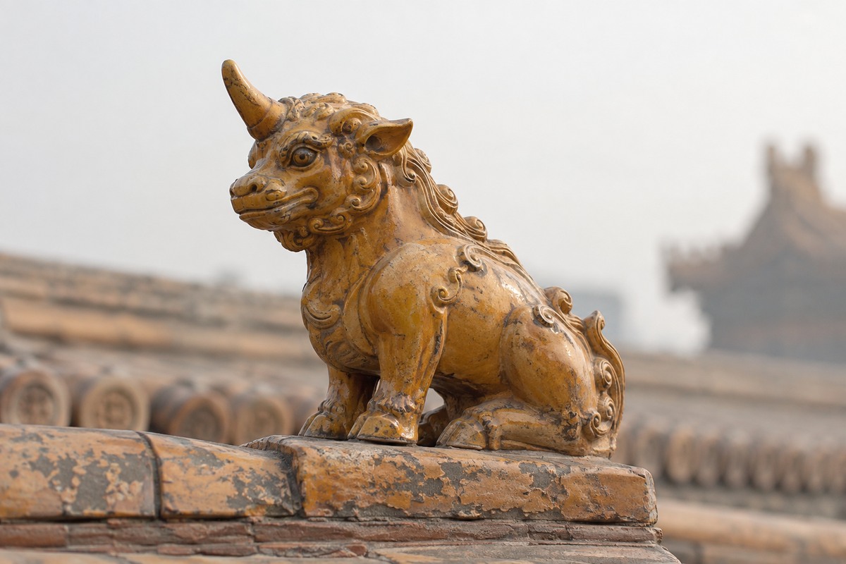 An ochre glazed single-horned ceramic beast sits on a roof ridge tile.