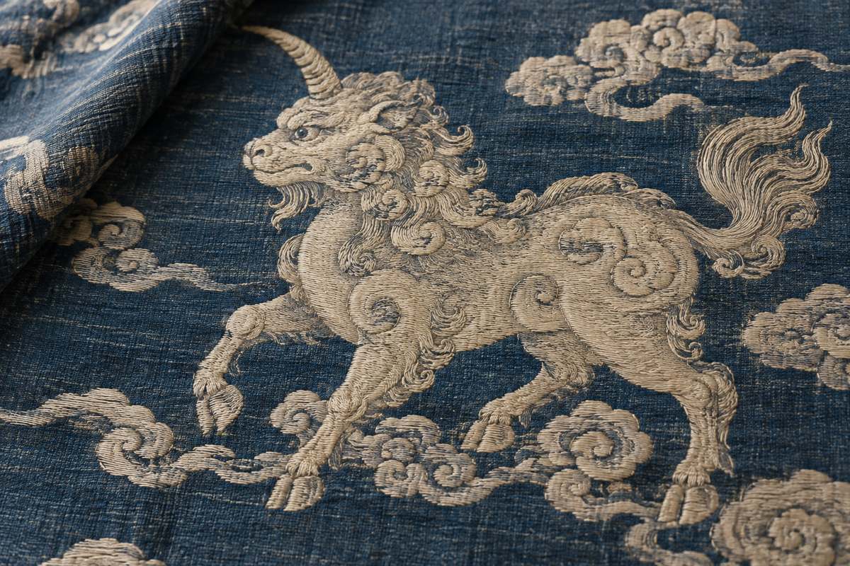An ivory single-horned beast motif and curling clouds on blue woven fabric.
