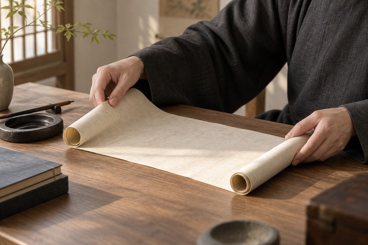 Hands in dark sleeves unroll blank paper on a wooden desk beside an inkstone.