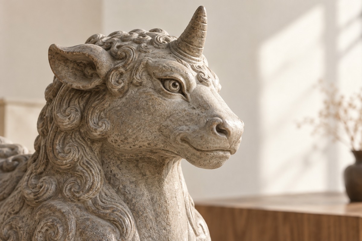 Close view of a carved stone Xiezhi head showing one horn, an eye, and a curled mane.