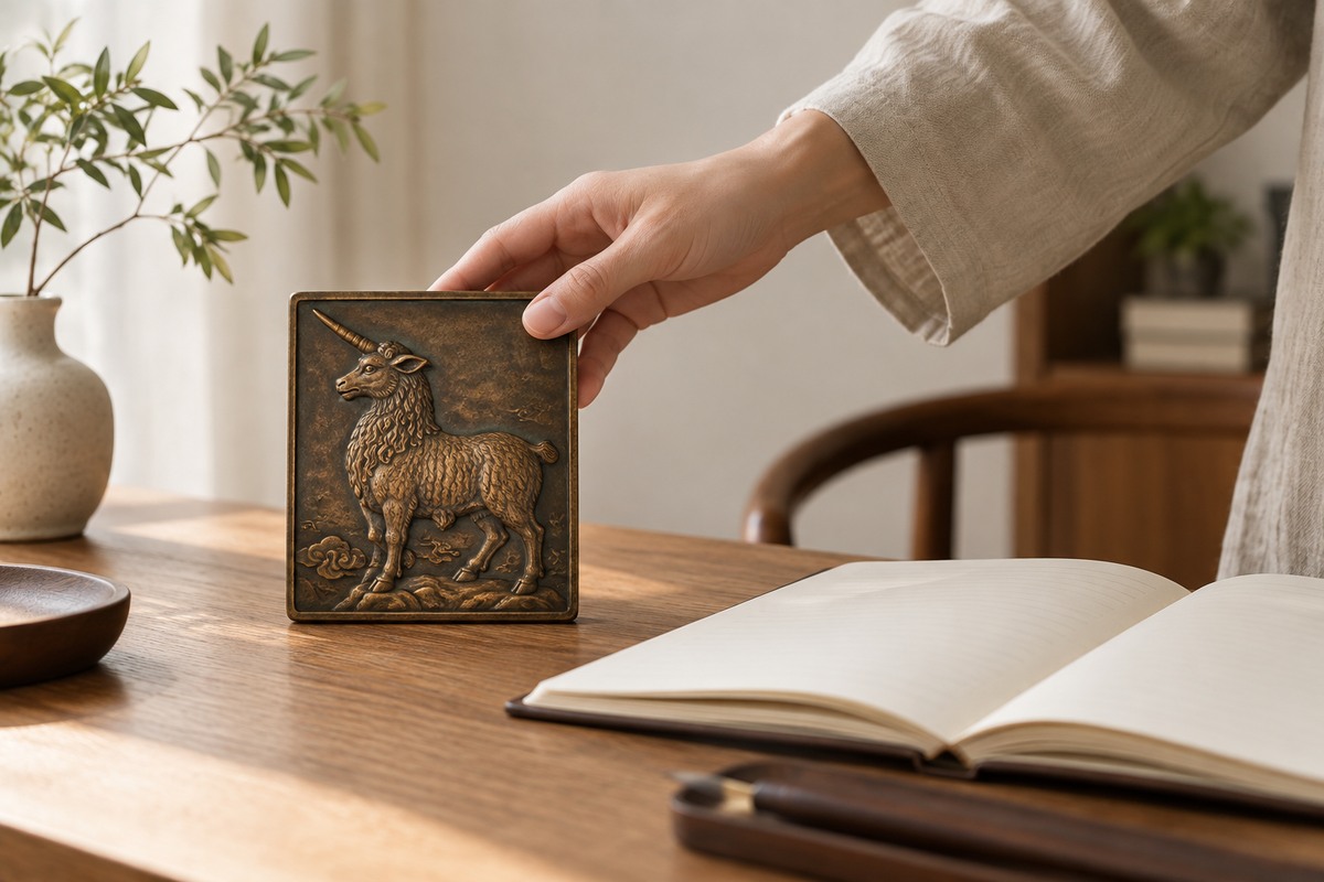 A hand places a bronze-colored Xiezhi relief beside an open notebook on a wooden desk.