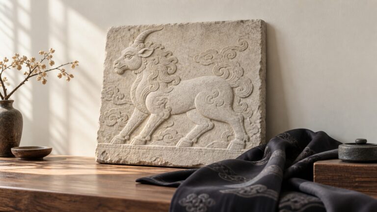 A pale Xiezhi relief panel stands beside folded dark fabric on a wooden surface.