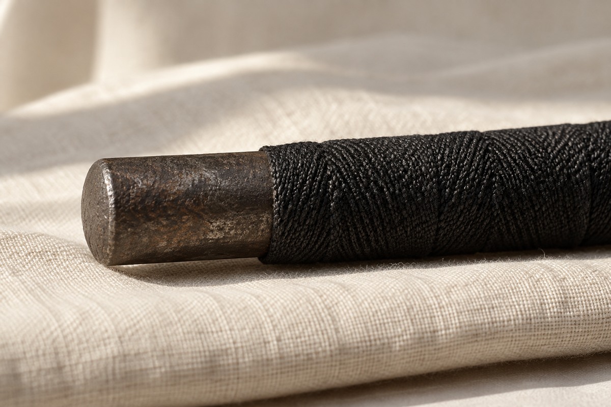 A dark iron rod partly wrapped in black woven cloth rests on pale linen.