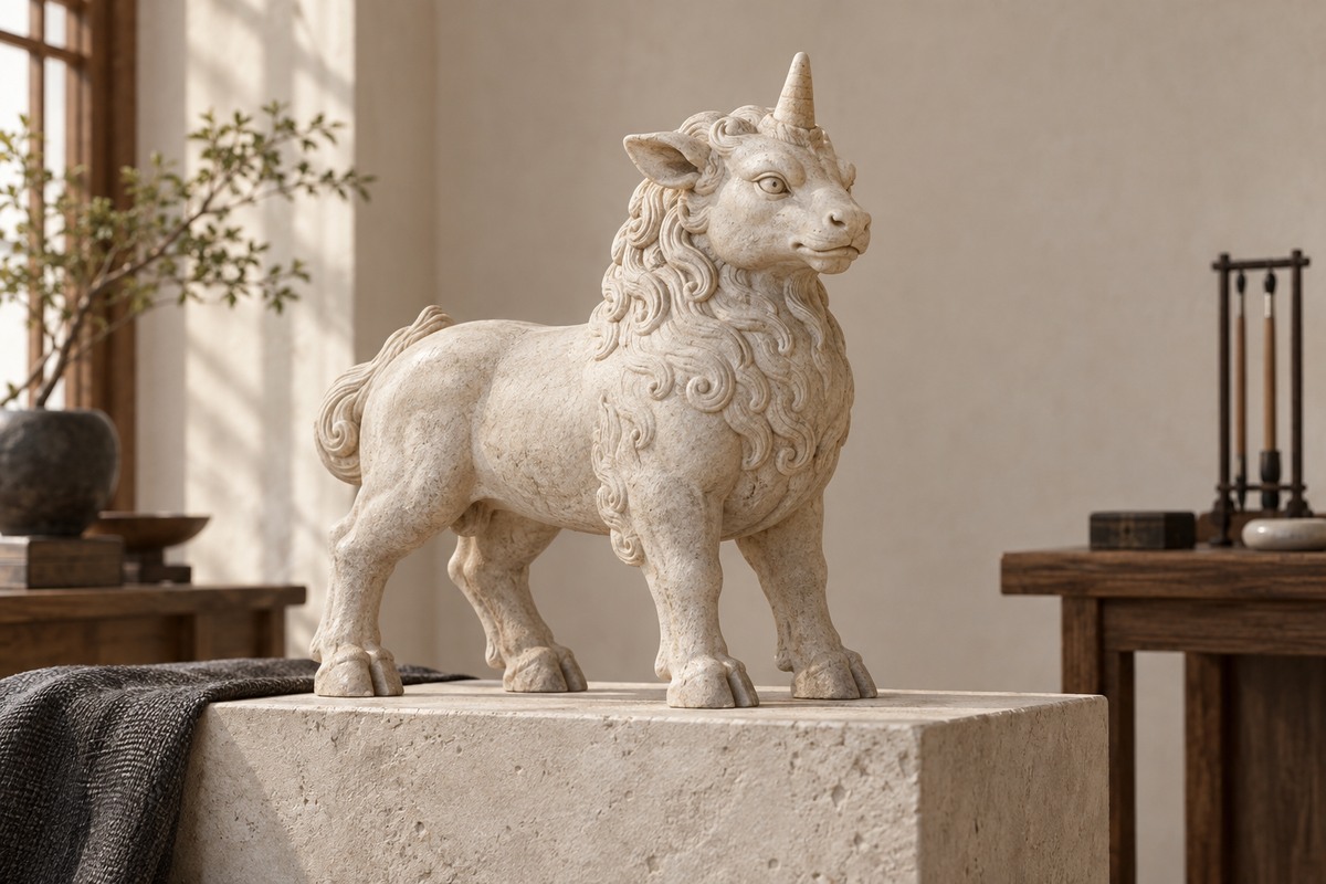 Pale stone Xiezhi sculpture with a single forehead horn on a round plinth.