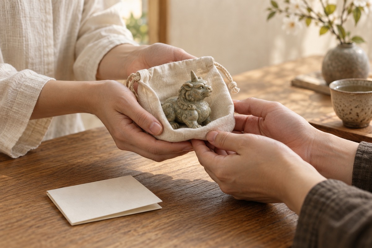 Two people’s hands exchange a small one-horned beast keepsake in a linen pouch.
