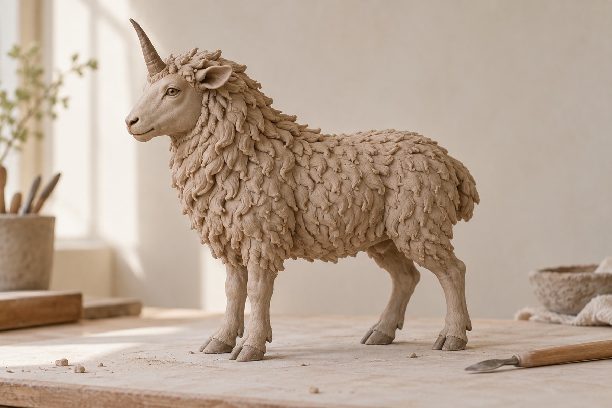 Clay model of a woolly, single-horned sheep-like beast standing on four hooved legs.