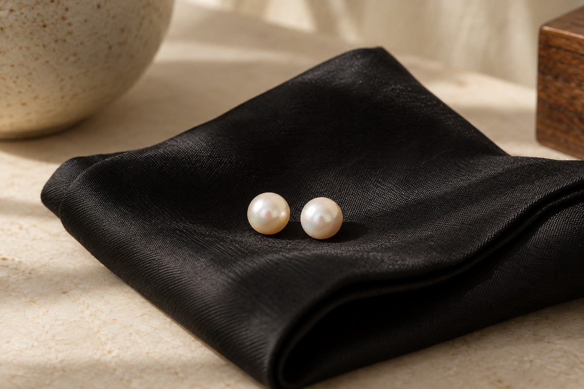 Two cream-colored pearls rest side by side on folded black fabric.