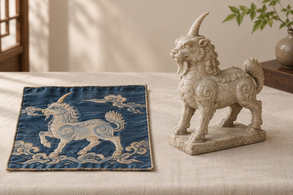 A blue Xiezhi textile square lies beside a pale freestanding beast sculpture.