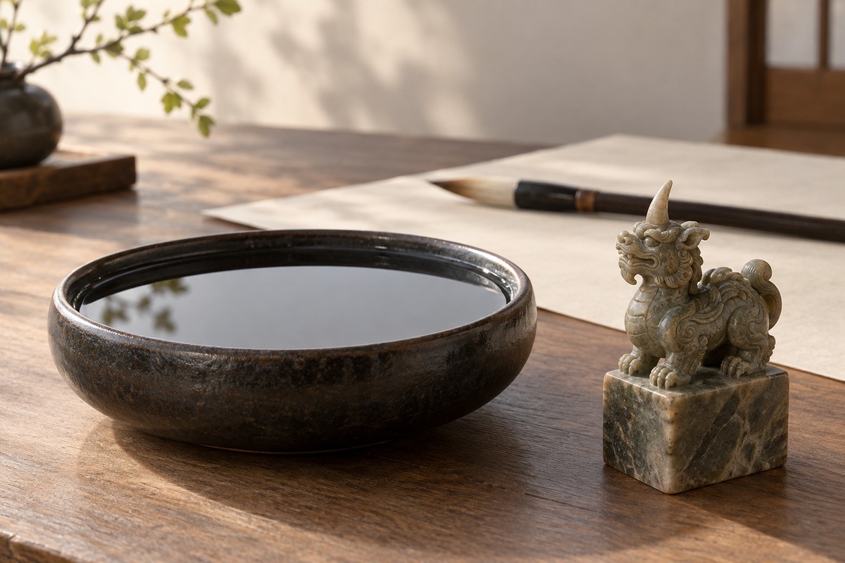 A calm bowl of water beside a one-horned beast ornament and a calligraphy brush.