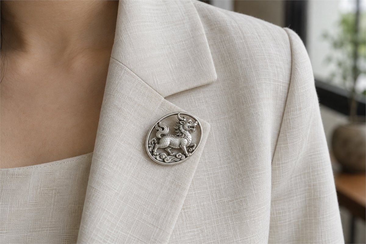 A small one-horned beast brooch rests flat on a linen jacket lapel.