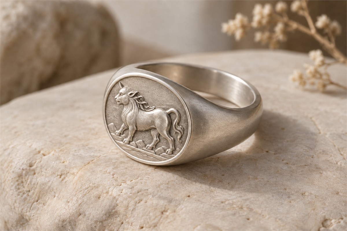 A low relief silver-colored beast ring shows a smooth band and rounded shoulders.