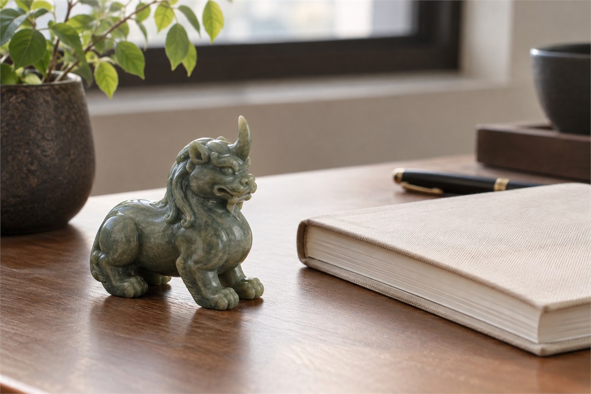A green stone-colored beast carving rests beside a closed clothbound notebook.