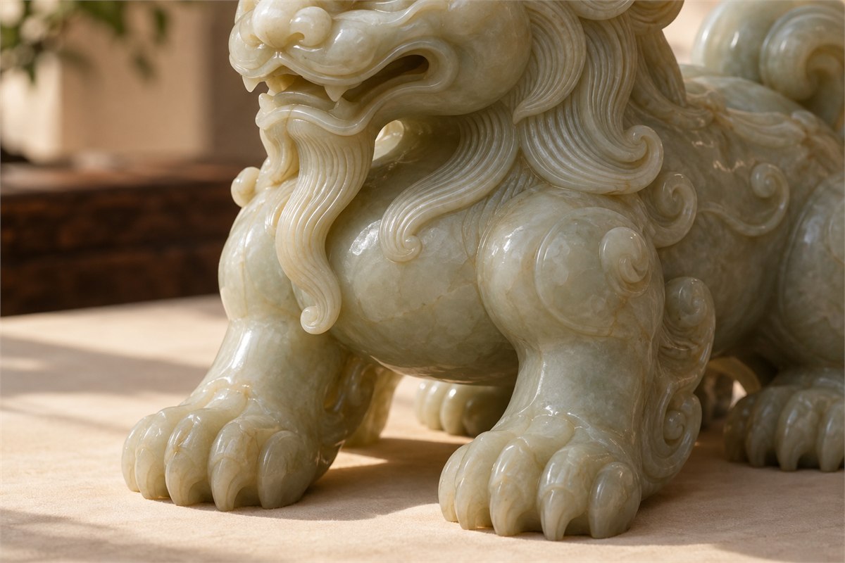 Close detail of open spaces beneath a jade beast’s chin and between its limbs.