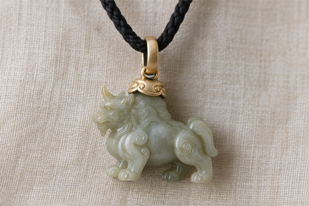 Dark braided cord passes through the closed metal bail of a pale carved beast pendant.