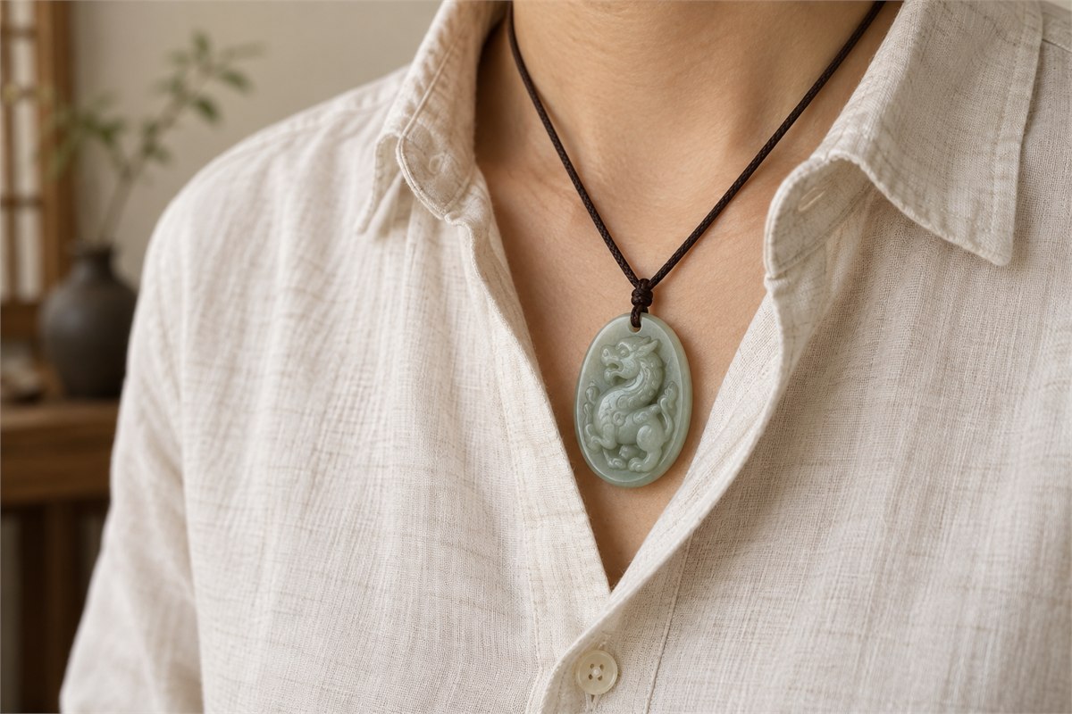 An oval jade Xiezhi pendant on a dark cord between the edges of a linen shirt.