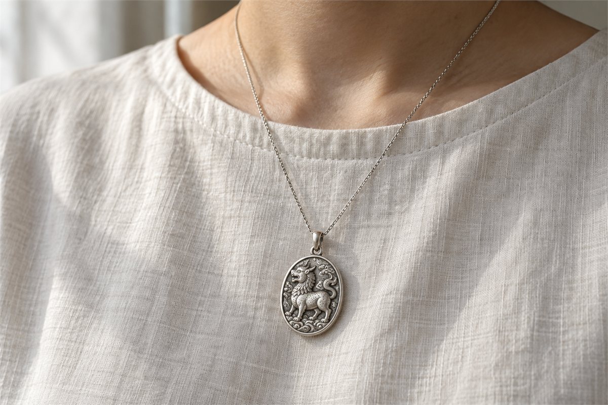 A small silver-colored beast pendant hangs against an ivory linen shirt.
