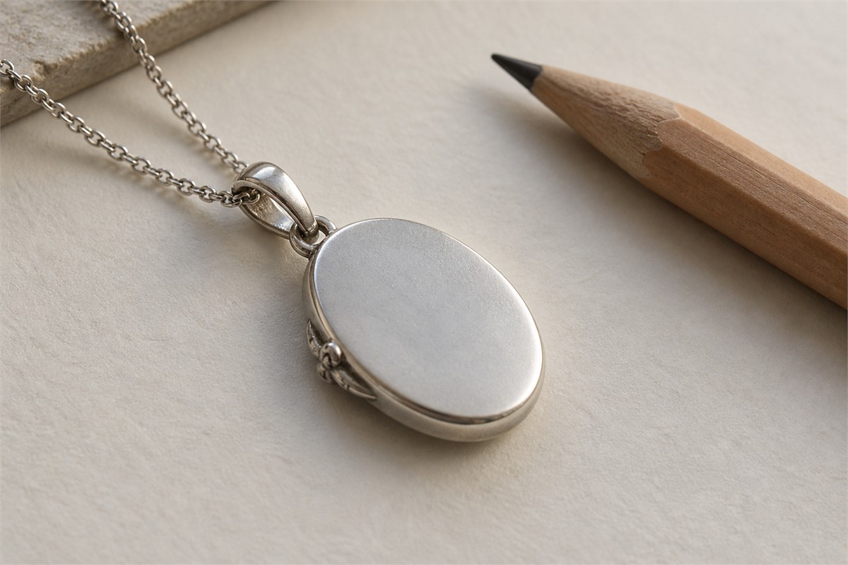 The smooth reverse of a pendant rests beside a plain pencil on blank paper.