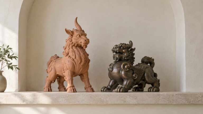 Two contemporary guardian sculptures sit together in a softly lit wall niche.