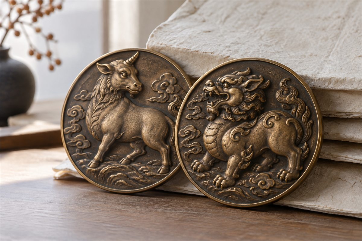Two bronze-colored medallions show a one-horned beast and an open-mouthed guardian.