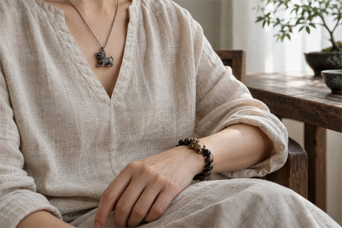 A person wears a small beast pendant and a separate guardian bead bracelet.