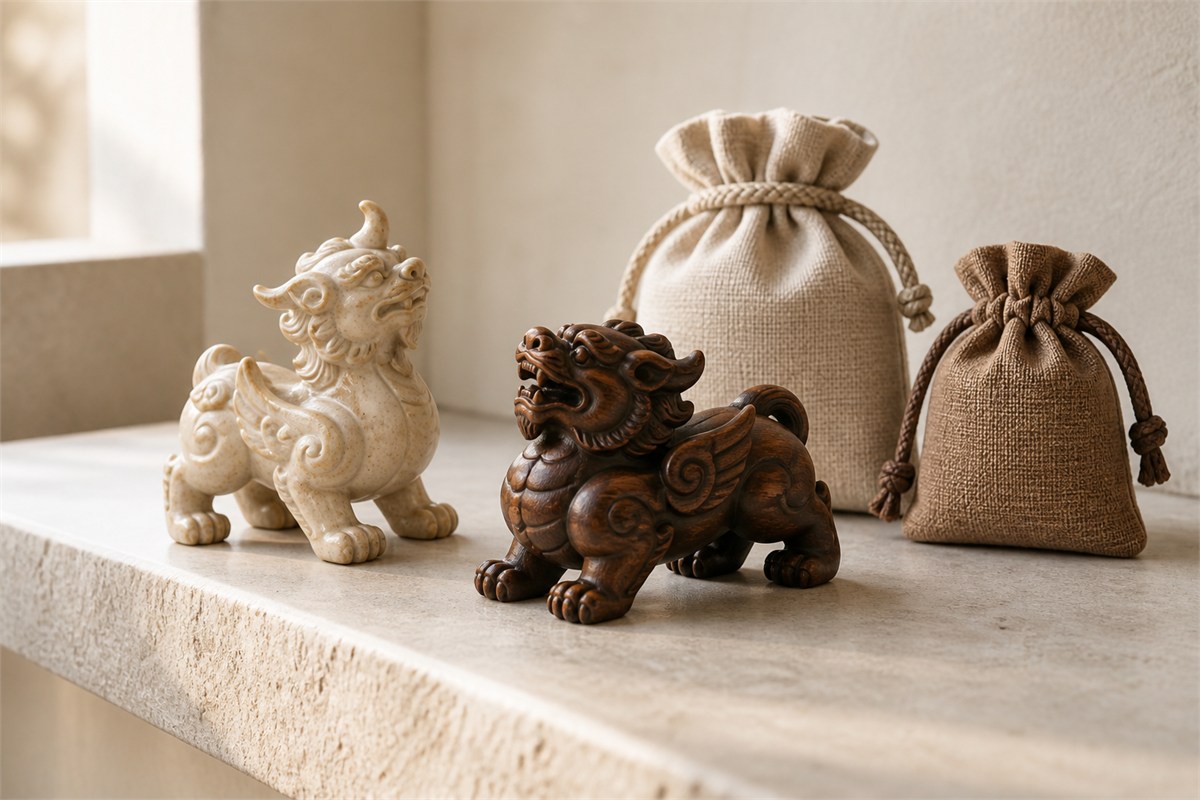 Two different guardian keepsakes rest beside a pair of closed linen gift pouches.