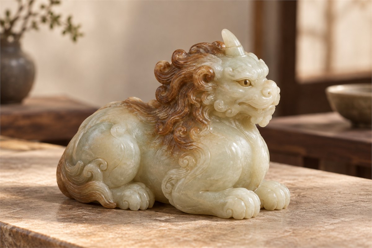 A creamy jade beast whose warm russet color follows the carved mane.