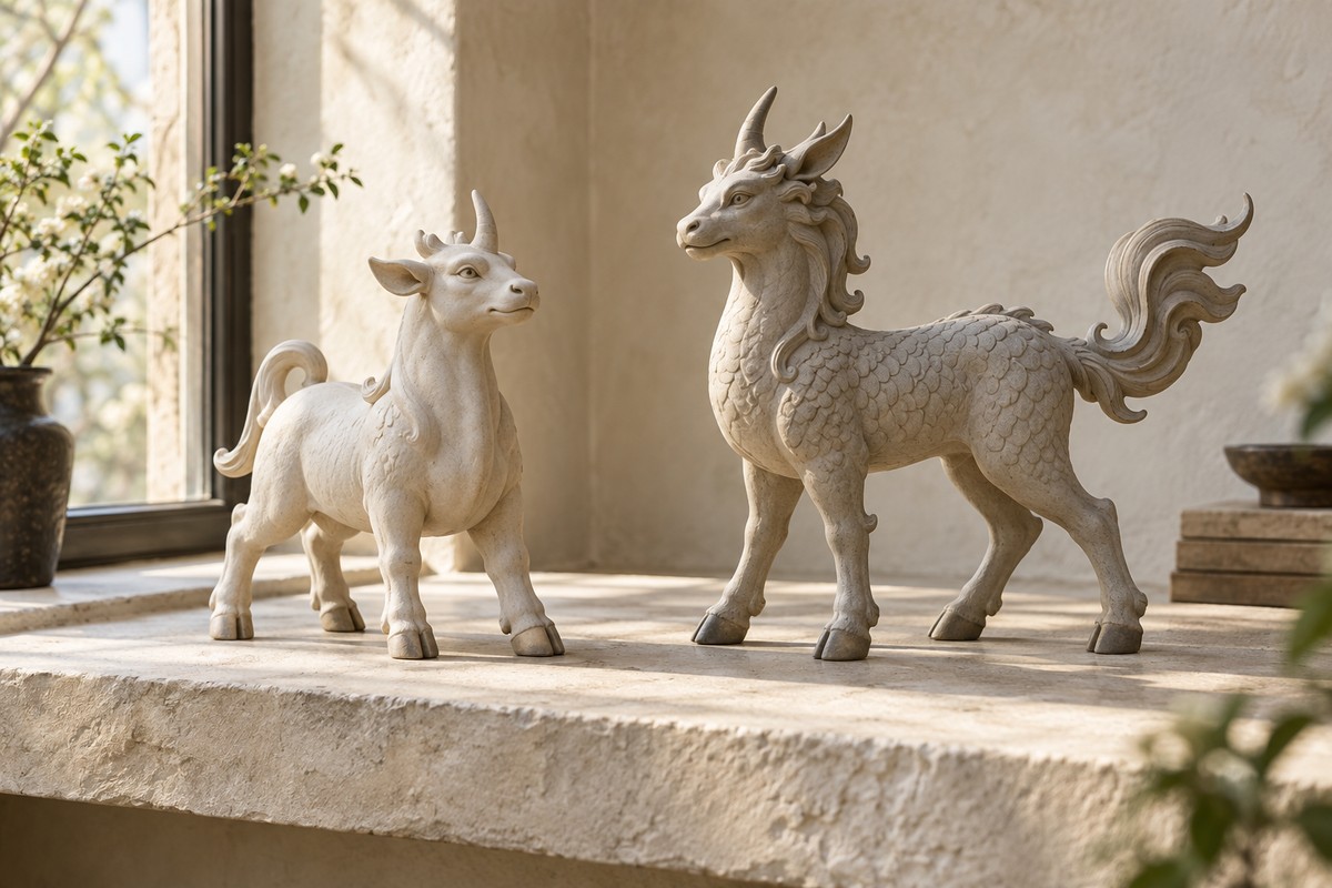 Two one-horned ceramic beasts stand on a pale stone window ledge.