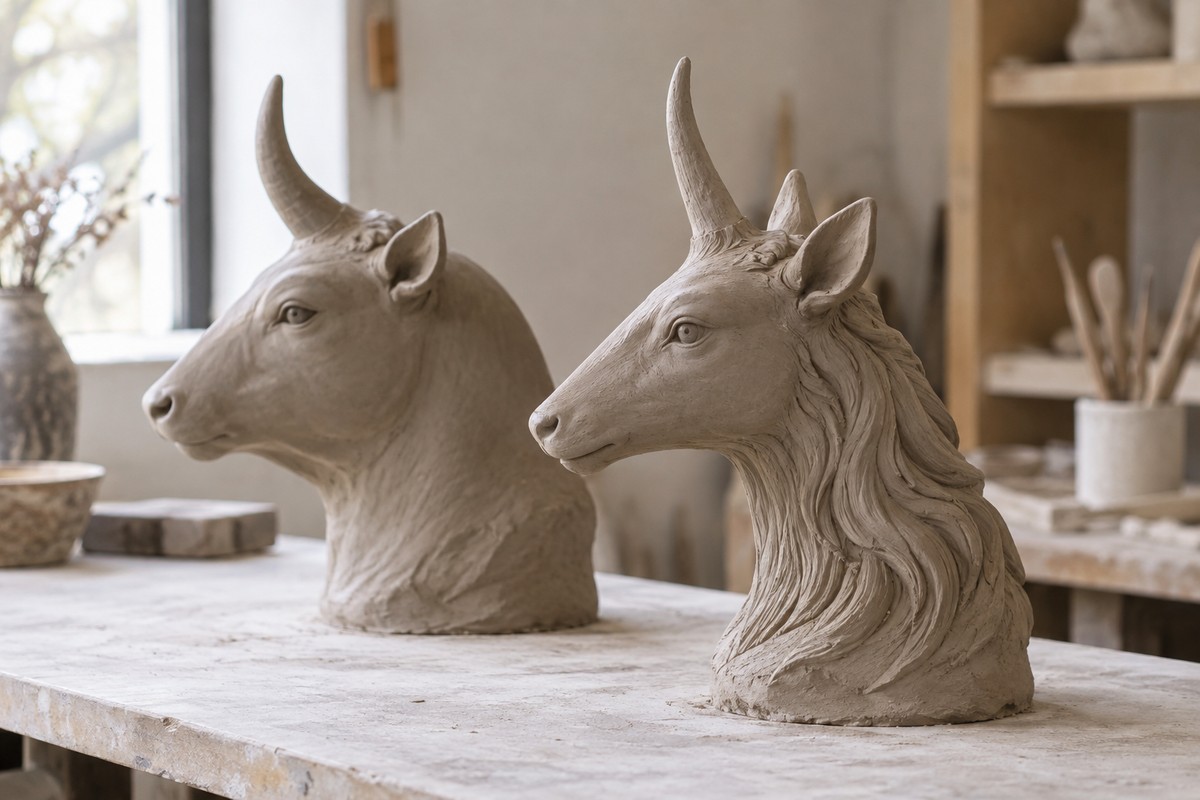 Two contemporary clay beast heads each show a single horn in profile.