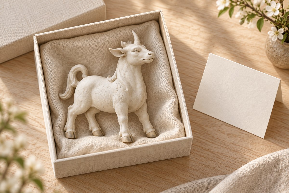A small ceramic horned beast rests in an open linen-lined box beside a blank card.