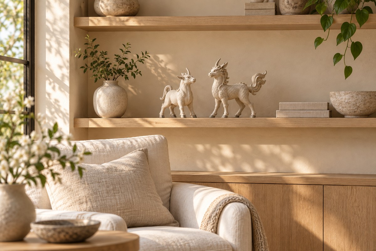 Two small ceramic horned creatures share a warm, sunlit home shelf.