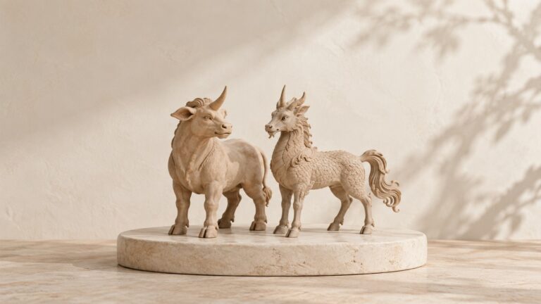 A ceramic Xiezhi and Qilin stand on a broad pale stone platform in soft light.