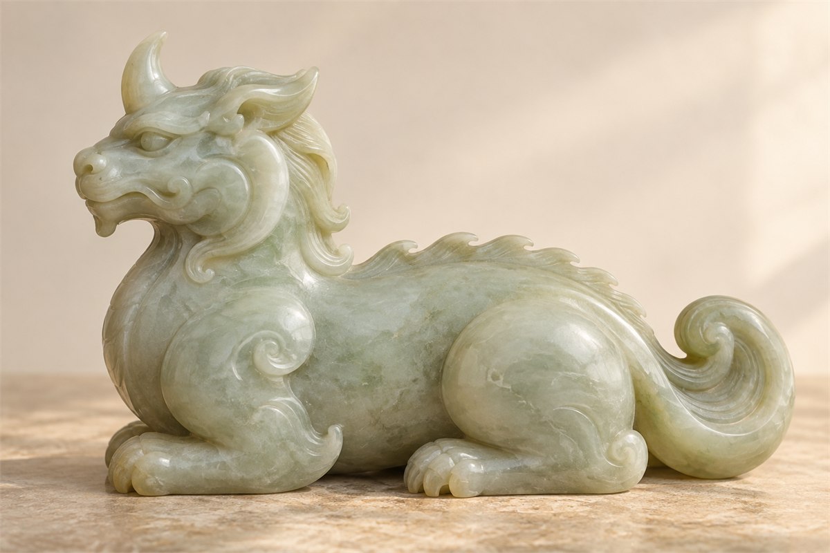 Side view of a reclining jade beast with a single horn and curling tail.