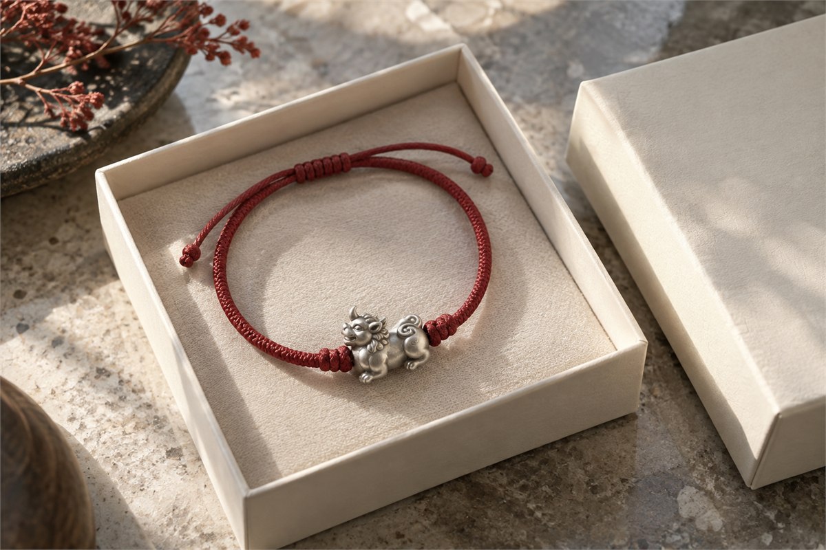 A small silver-colored beast charm on red cord lies in an open cream gift box.