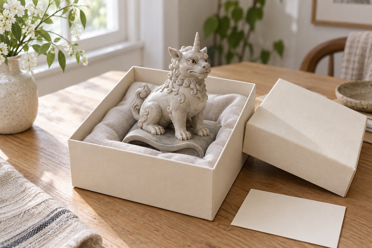 A one-horned ceramic guardian on a tile base inside a linen-lined ivory gift box.