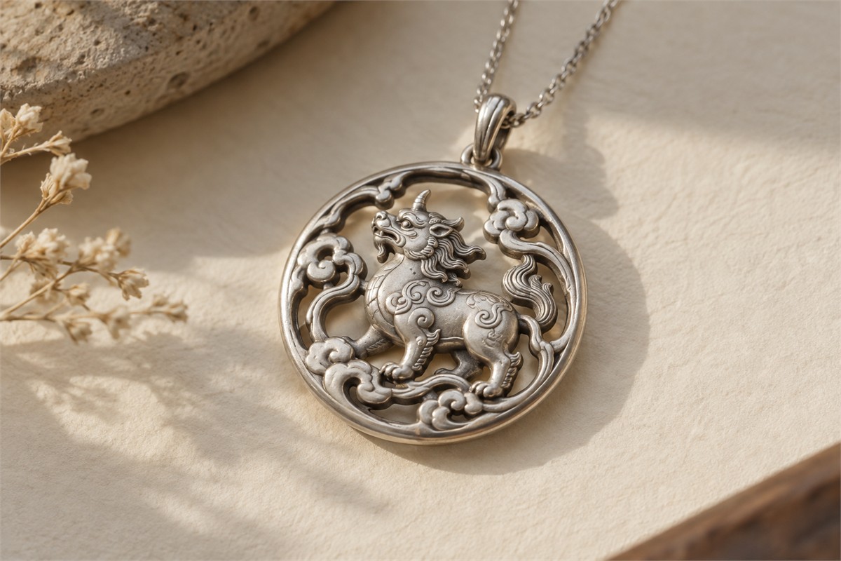 A silver-colored beast pendant is framed by open curling cloud shapes.