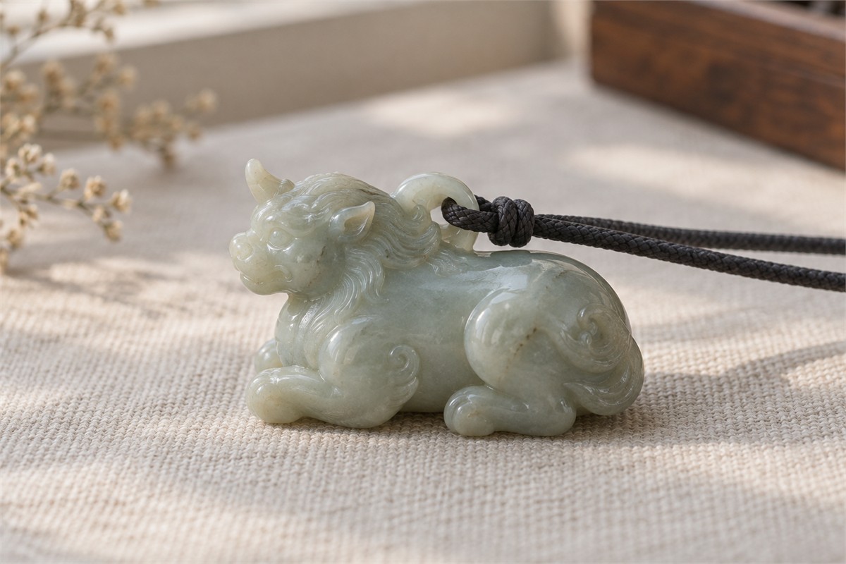 A pale green carved beast pendant is shown from the side with a short horn and rounded profile.