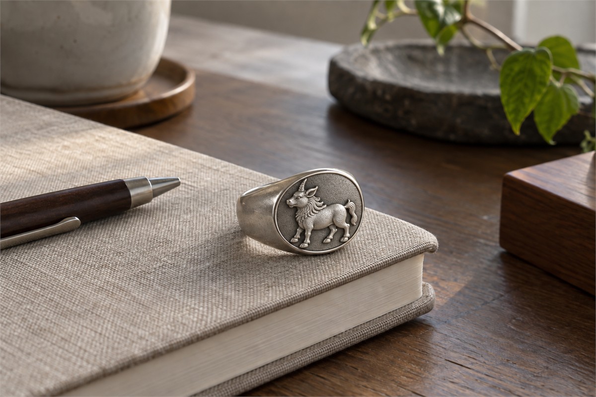 A silver-colored signet ring with a single-horned beast relief sits beside a closed linen notebook.
