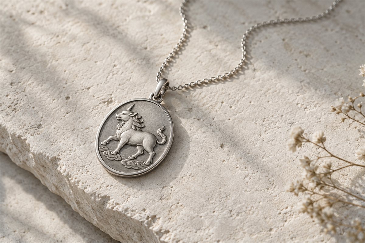 An oval silver-colored Xiezhi pendant on a fine chain rests on pale stone.
