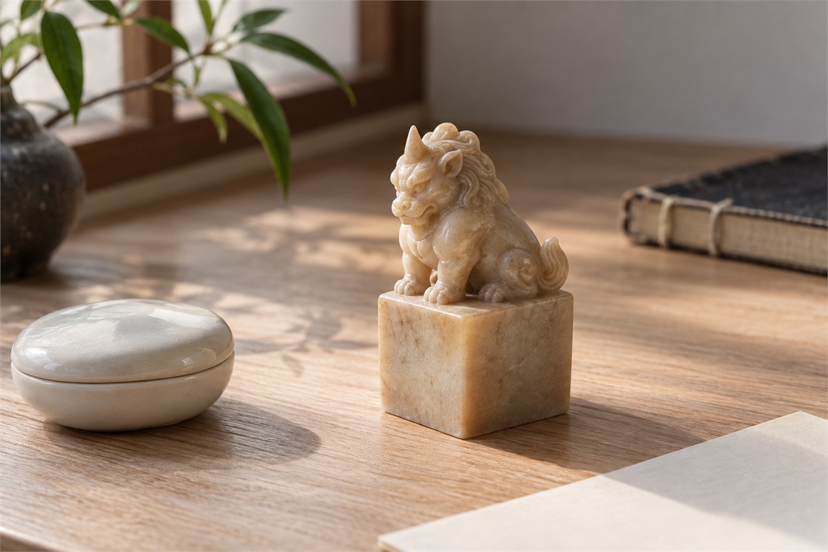A small warm stone seal with a beast-shaped top rests beside a closed ink-paste dish.