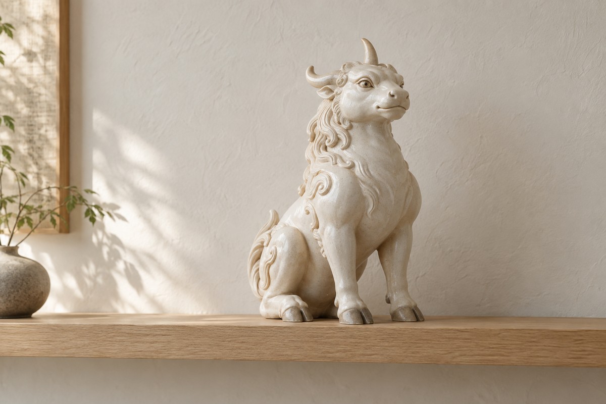An ivory ceramic one-horned beast sits upright on a plain wooden shelf.