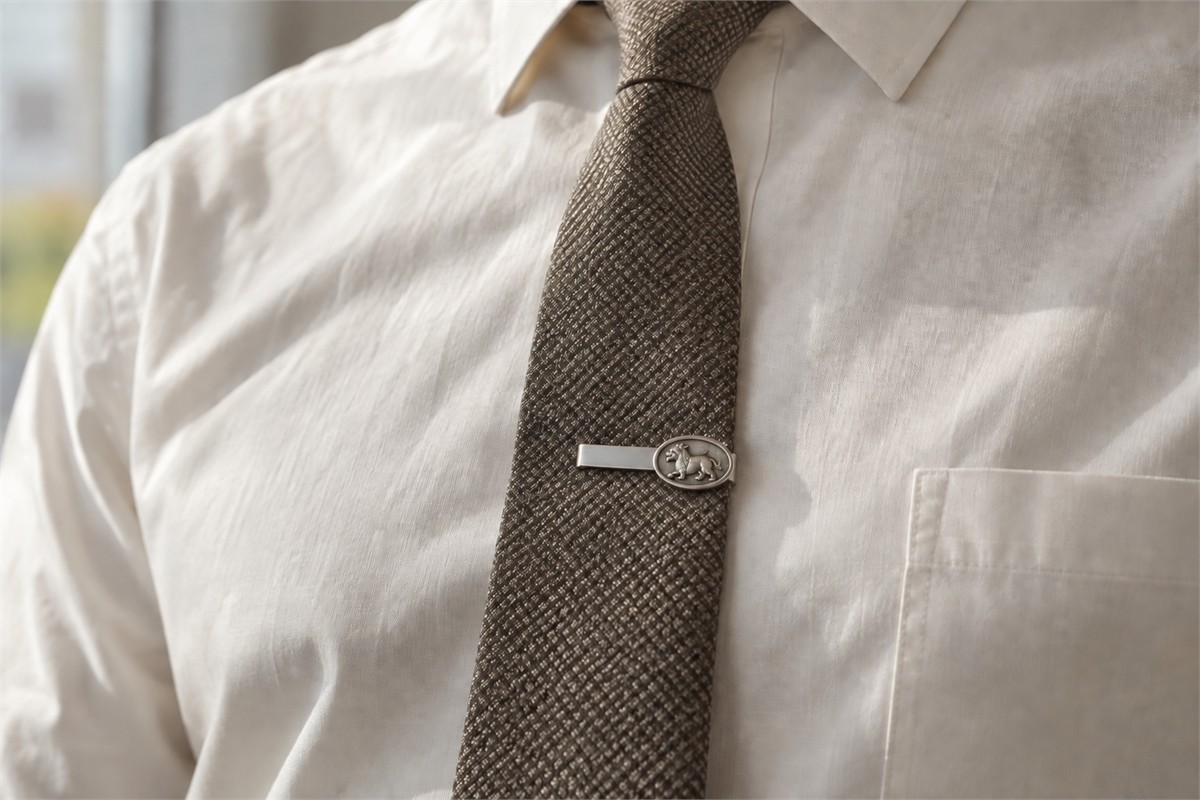 A narrow silver-colored tie clip holds a taupe tie against an ivory shirt.