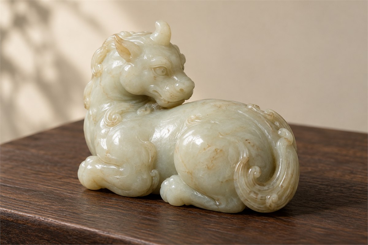 A creamy jade Xiezhi with its head turned toward its curled body.