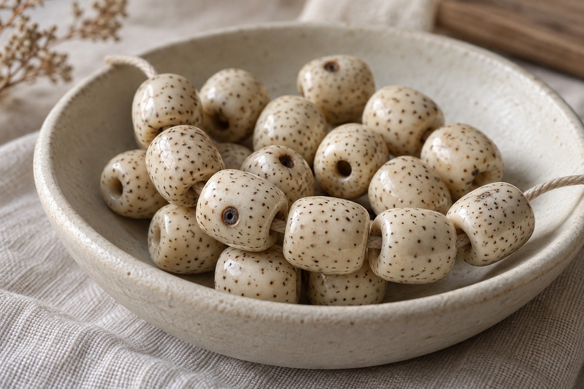 Pale speckled Xingyue-style seed beads in a shallow ceramic dish.